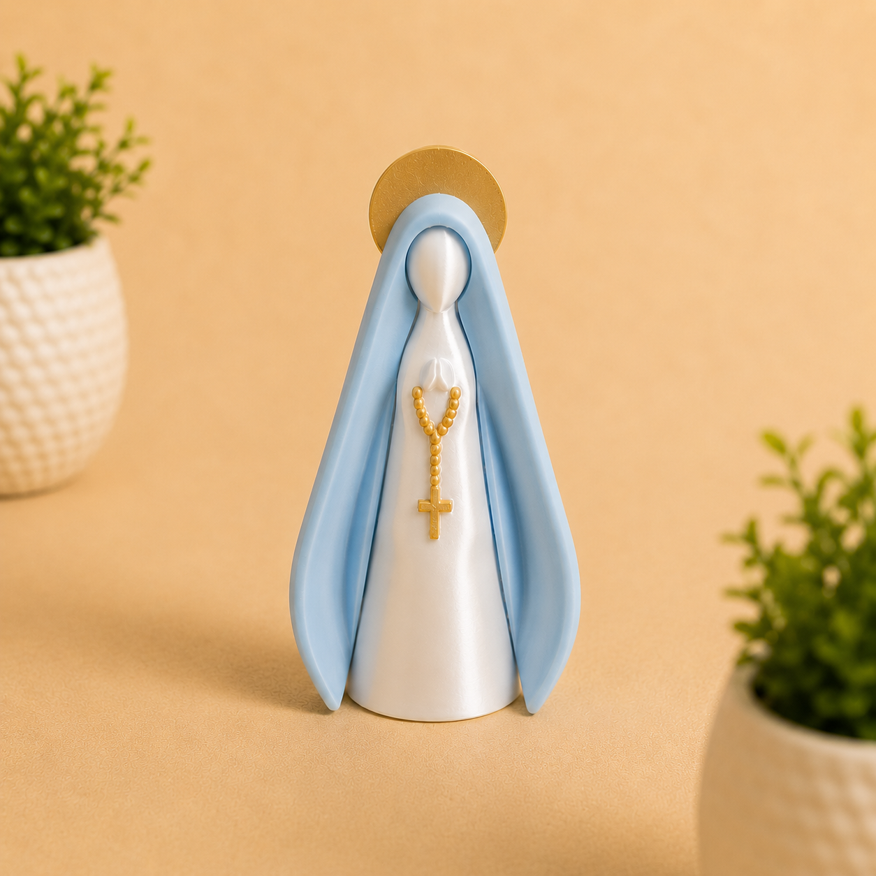 Nossa Senhora Decorativa Branca Pérola e Azul Bebê 13 cm