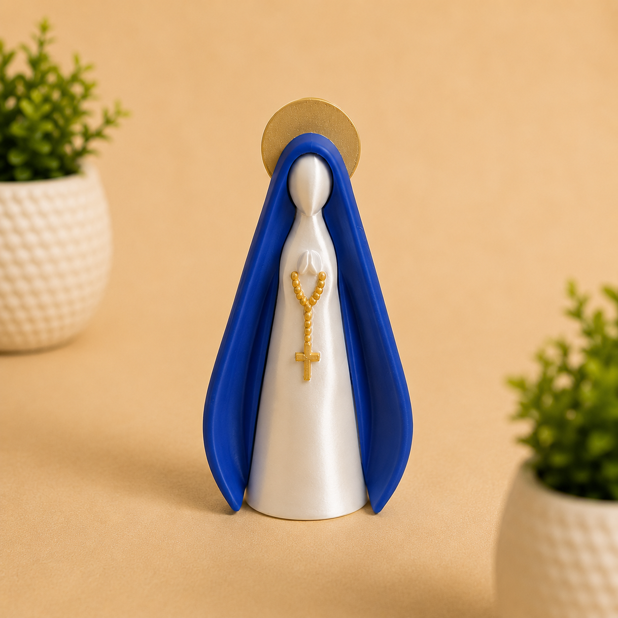 Nossa Senhora Decorativa Branca Pérola e Azul Escuro 13 cm