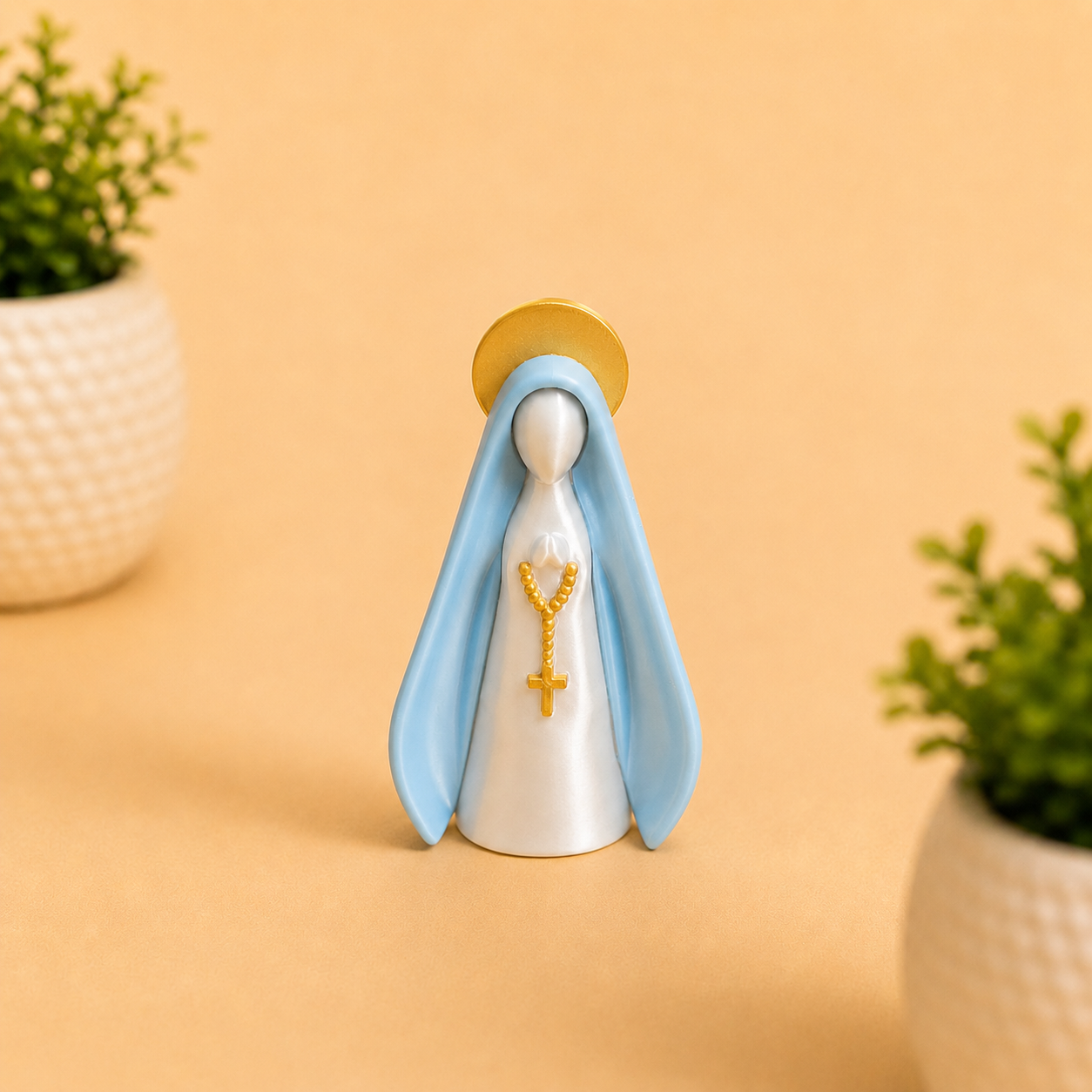 Nossa Senhora Decorativa Branca Pérola e Azul Bebê 8 cm