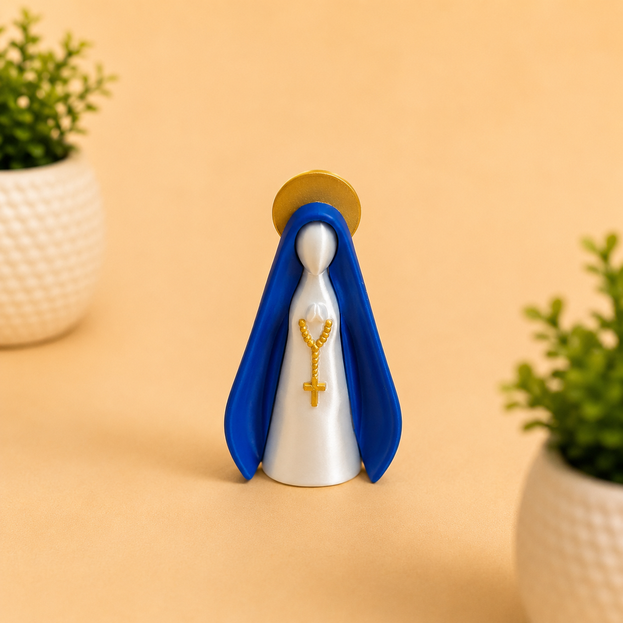 Nossa Senhora Decorativa Branca Pérola e Azul Escuro 8 cm