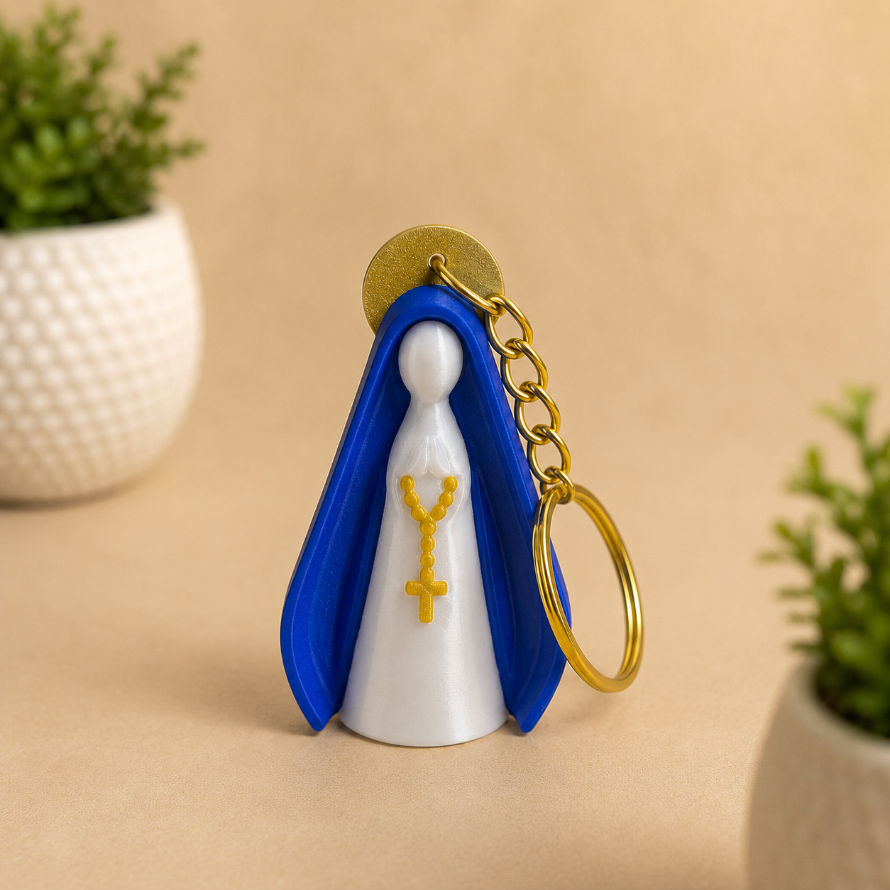 Chaveiro Nossa Senhora Branca Pérola e Azul Escuro 5 cm