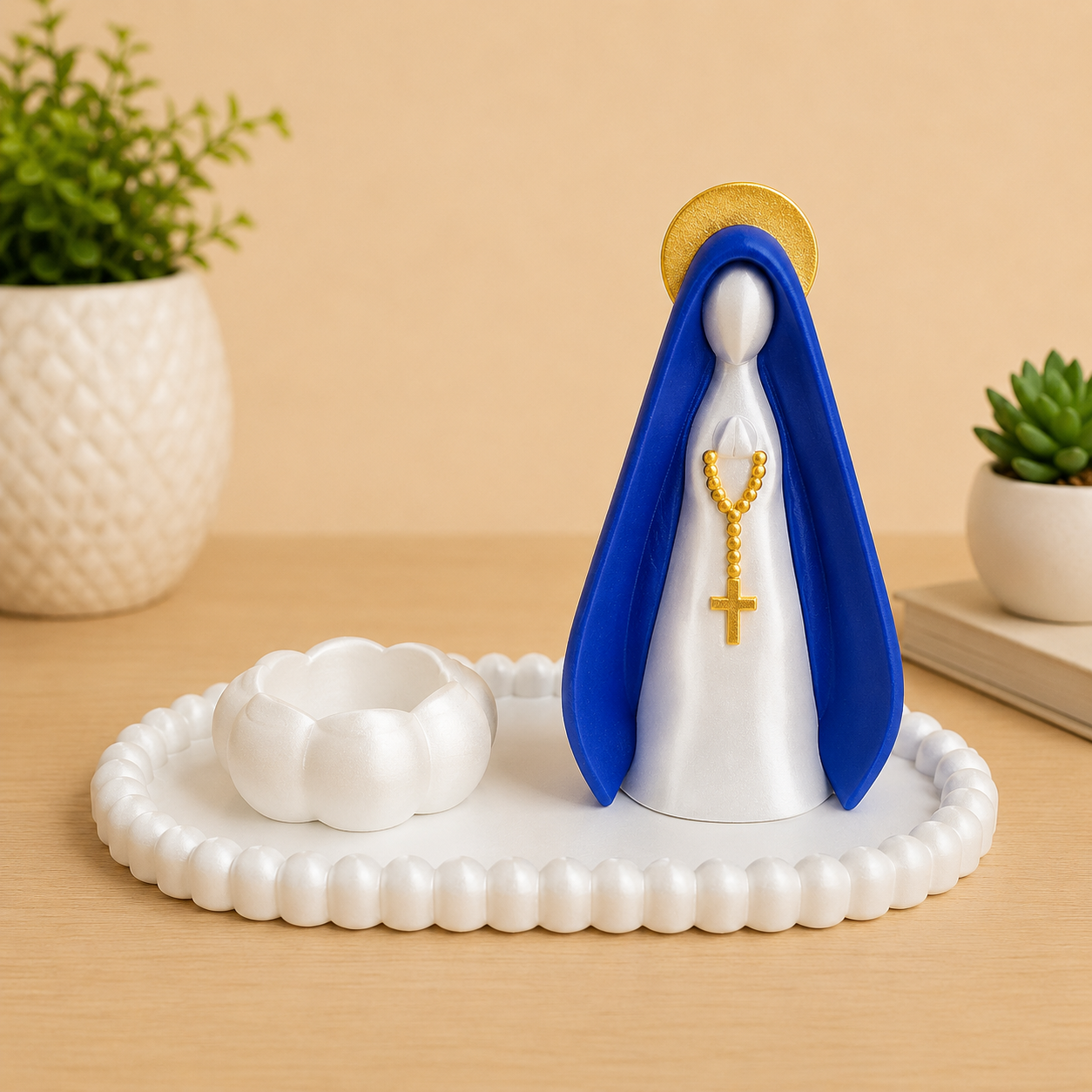 Kit Cantinho da Oração Nossa Senhora Branco Pérola e Azul Escuro