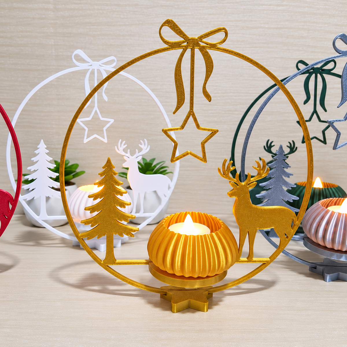 Porta-Vela Natalino Decorativo com Rena, Pinheiro e Luz LED