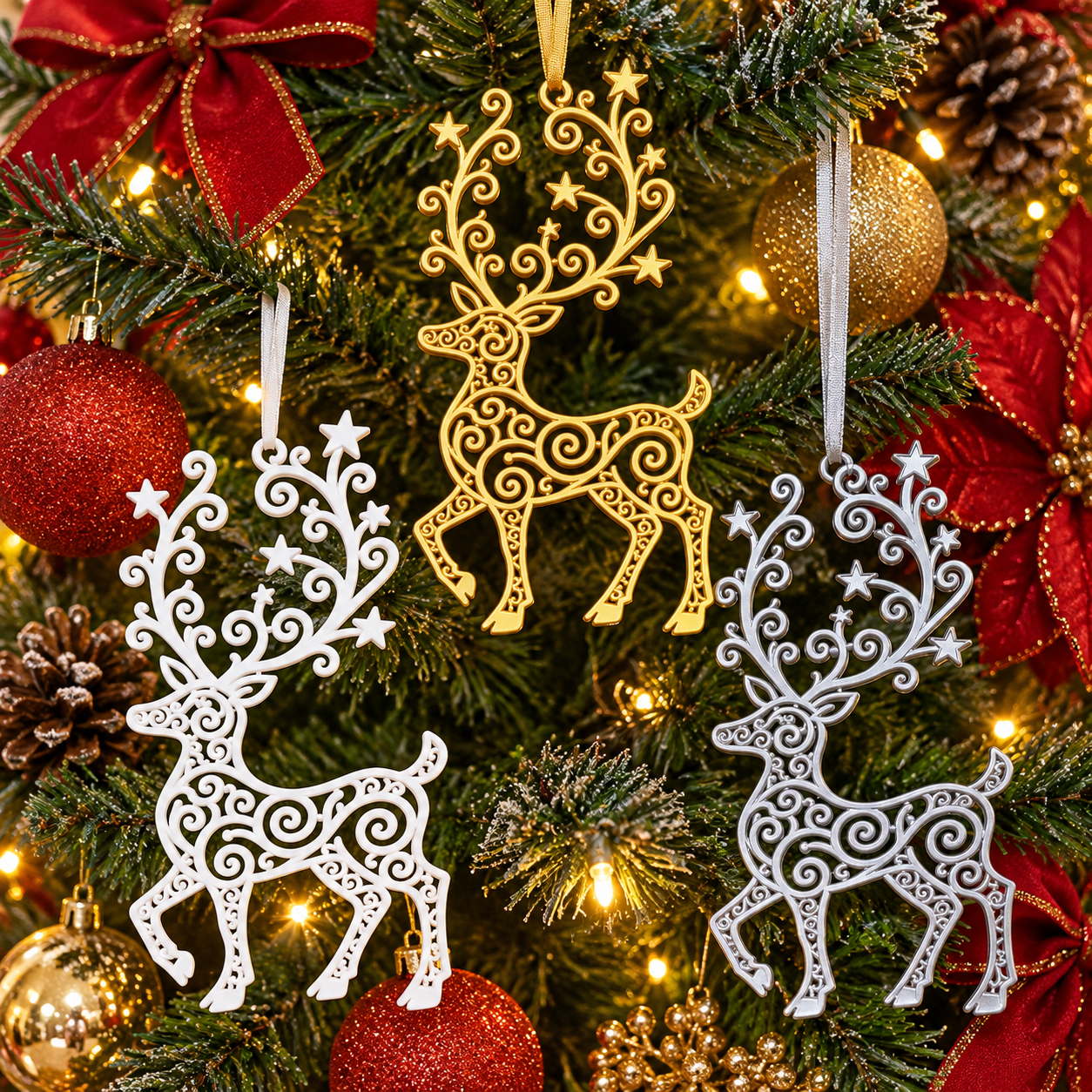 Renas Natalinas Arabescas – Kit com 3 | Decoração de Natal