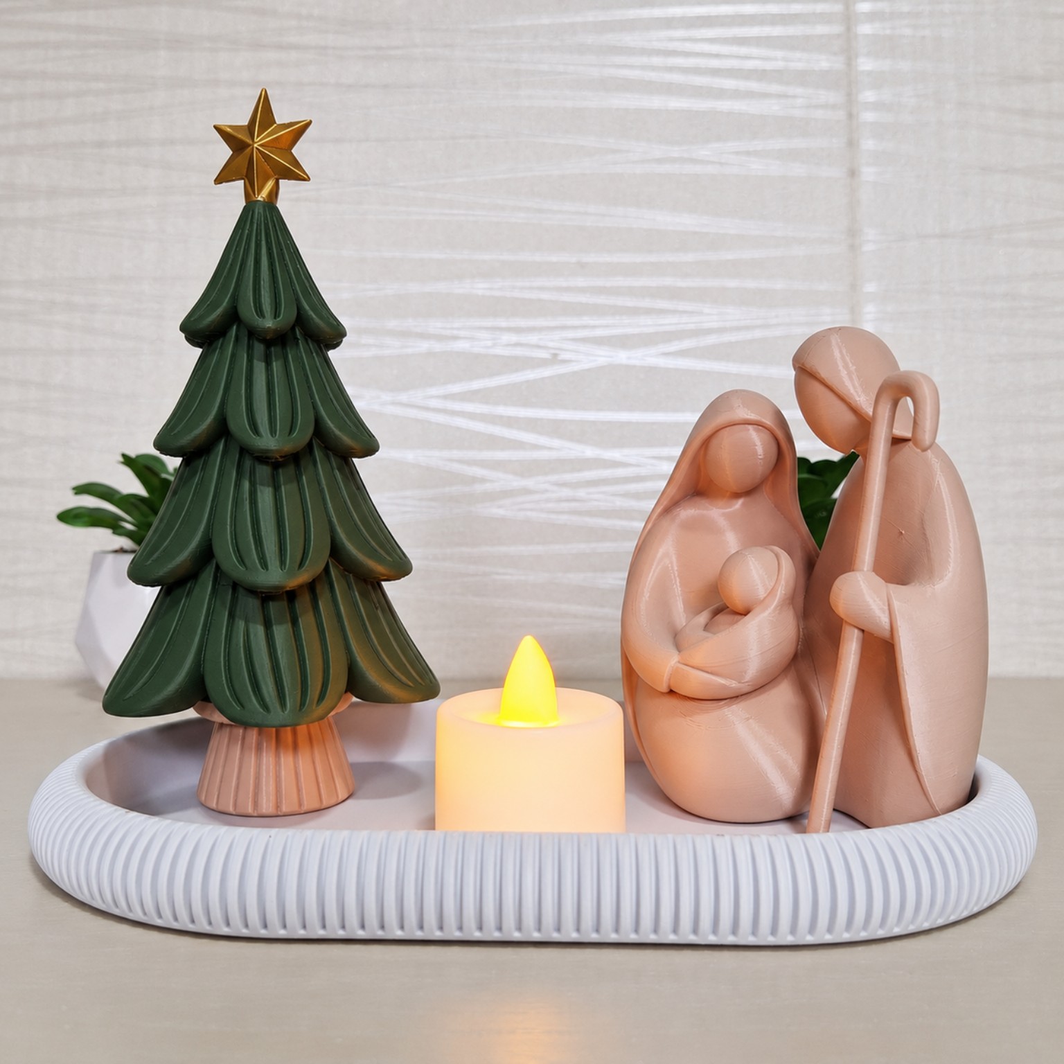 Kit Presépio Sagrada Família com Árvore de Natal, Vela LED e Bandeja Decorativa